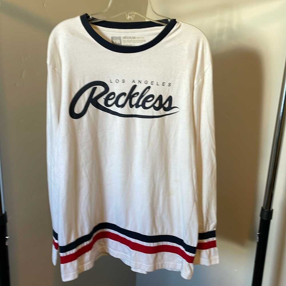 Young and Reckless mens white with red and blue stripes mens medium